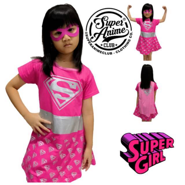 Dress Kostum Supergirl Anak Cewek Karakter Superhero Pink II Silver Baju Perempuan