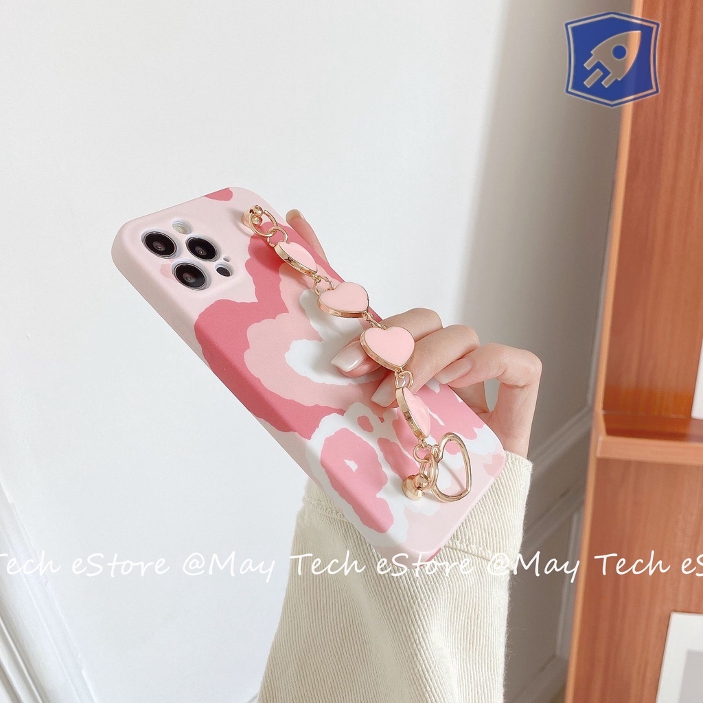 Casing iPhone Love Pink dengan Hand Grip Rantai Pergelangan Tangan Love Gold iPhone X XS XR XSMAX 11 12 13 PRO PROMAX