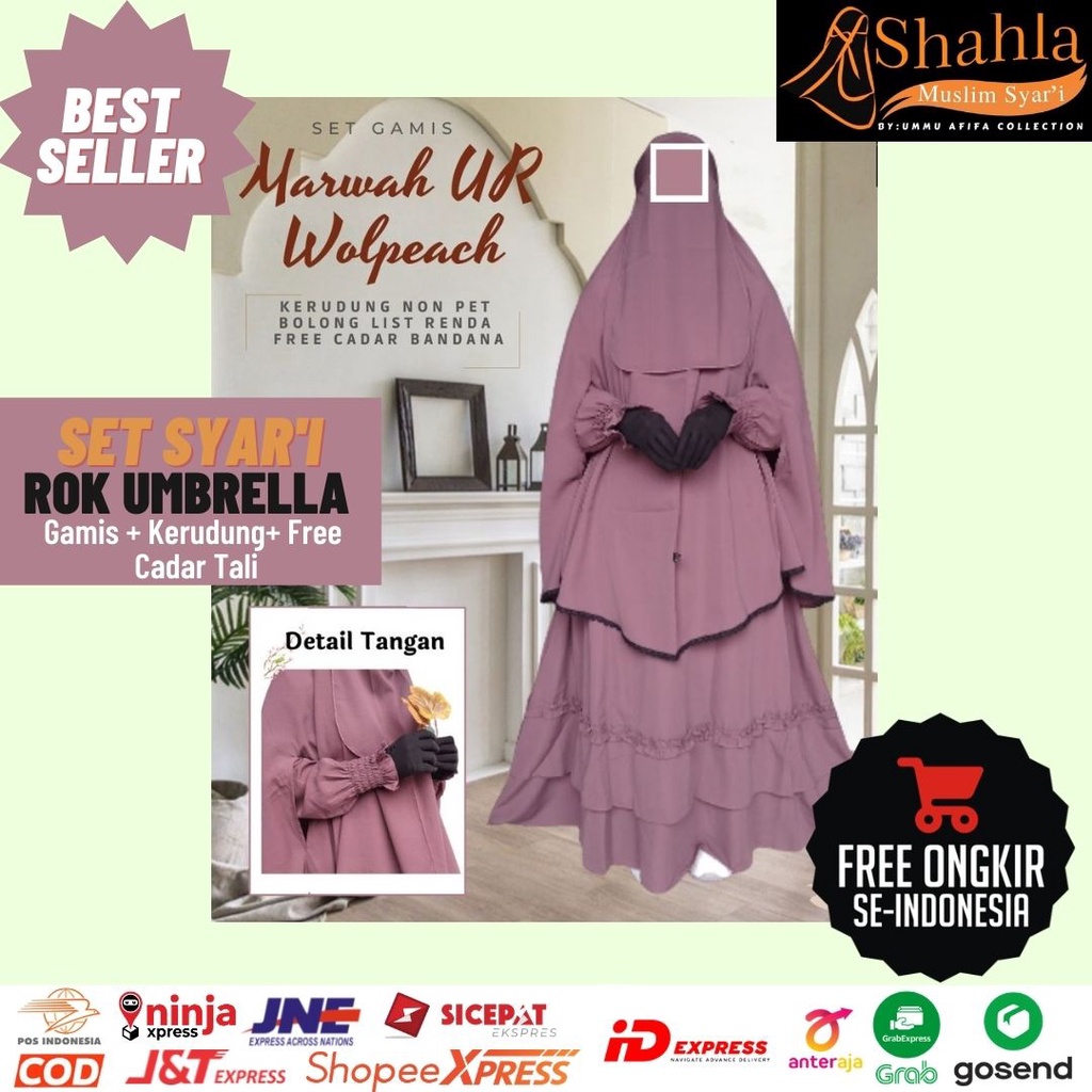Set Syar'i/Gamis Syar'i/Shahla - Marwah UR Wolpeach KerudungTangan Bolong List Renda Cadar Bandana