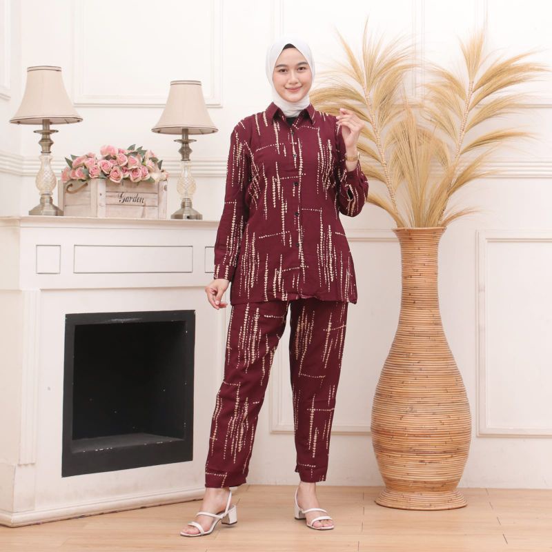 [BISA COD] Setelan Tie Dye Wanita / Tie Dye Tali Serut Dan Kacing / One Set Rayon / Lengan Panjang / Motif Rintik Hujan-8