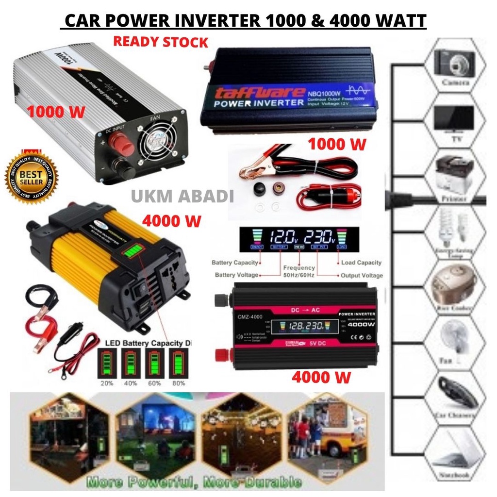 Power Inverter  Transformer Converter Aki Mobil DC 12v To AC 220V 1000W &amp; 4000W 111131