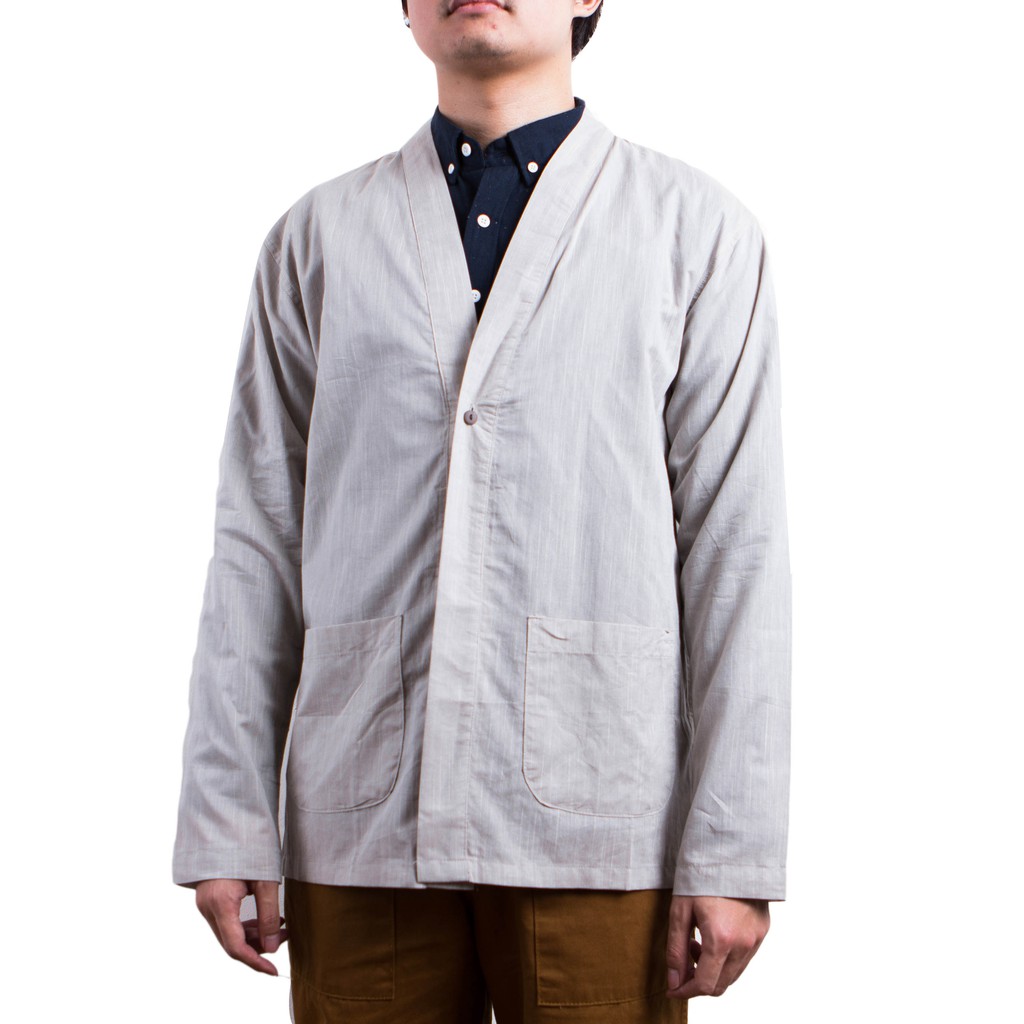 QUTN Kimono Luaran Pria Lengan Panjang Throw On V - Cream Linen Fabric