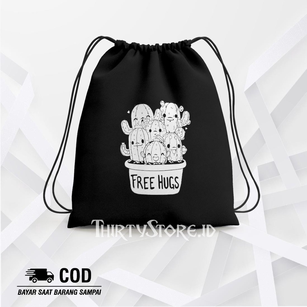 Tas Serut String Bag Free Hugs - Drawstring Bag Waterproof | Thirty Store.Id