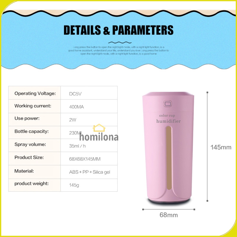 Humidifier Diffuser Aromaterapi Mobil 230ml Taffware HUMI SPT-001 Gray Pink Alat Pengharum Ruangan Pelembab Udara Minyak Essential Oil Aromatherapy Ultrasonic