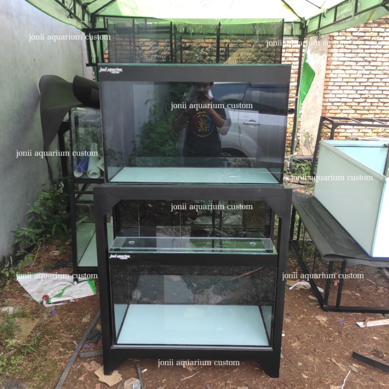 aquarium 80x40x50 8mm 2 susun set filter kaca dan tutup