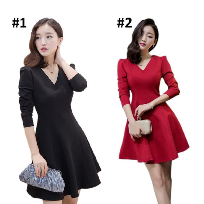 promo 229 - mini dress v-neck lengan panjang korea - hitam, l terbaru