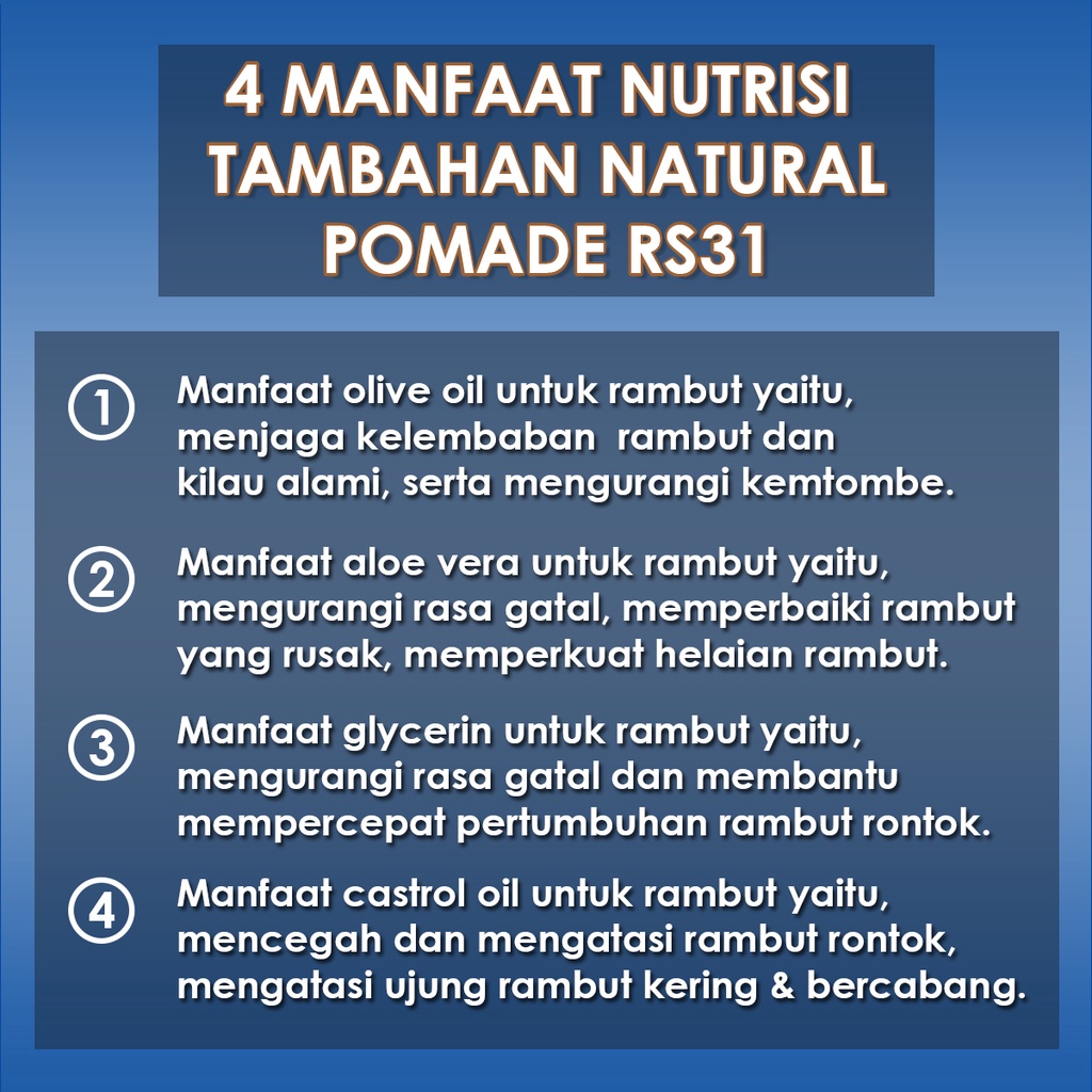 Natural Pomade isi 200 gr by RS31 water based pomade untuk tampilan klimis berkilau seorang pria.