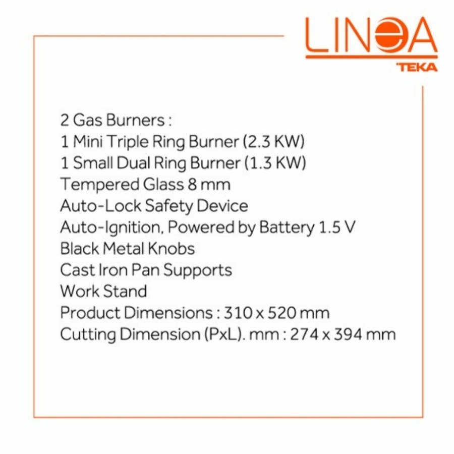 Kompor Tanam Gas Linea By Teka GLI 30 2G Free Ongkir Area Jabodetabek