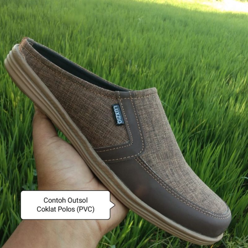 Sandal Slop Bustong Pria Kulit Sintetis Premium Slip On Kasual Sol Karet Rubber Suede-Coklat