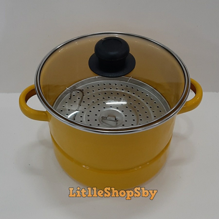 Dandang Kukusan Enamel Tutup Bahan Kaca kuning 20cm