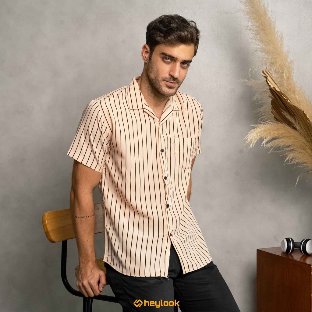 HEYLOOK Project- Stripe Shirt Casual Pria Kemeja Garis Pria Lengan Pendek Stripe Blouse Pria