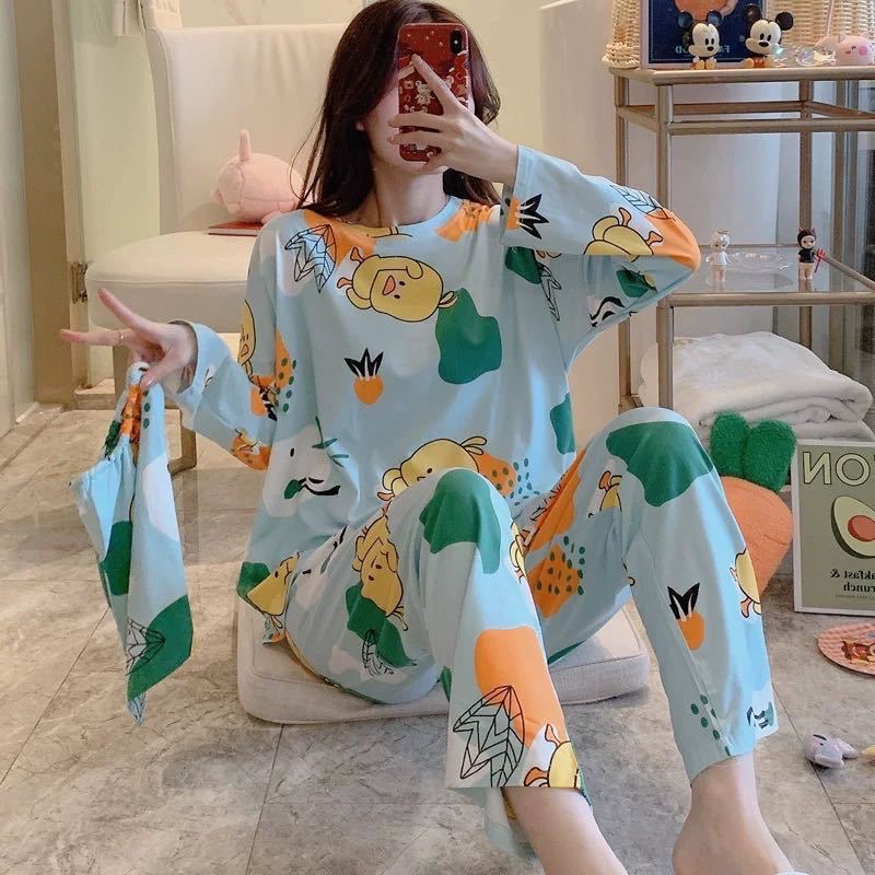 Setelan Lengan Panjang Piyama Baju Tidur Wanita Kartun Karakter Pajamas Dewasa-SET PJG biru DUCKKY