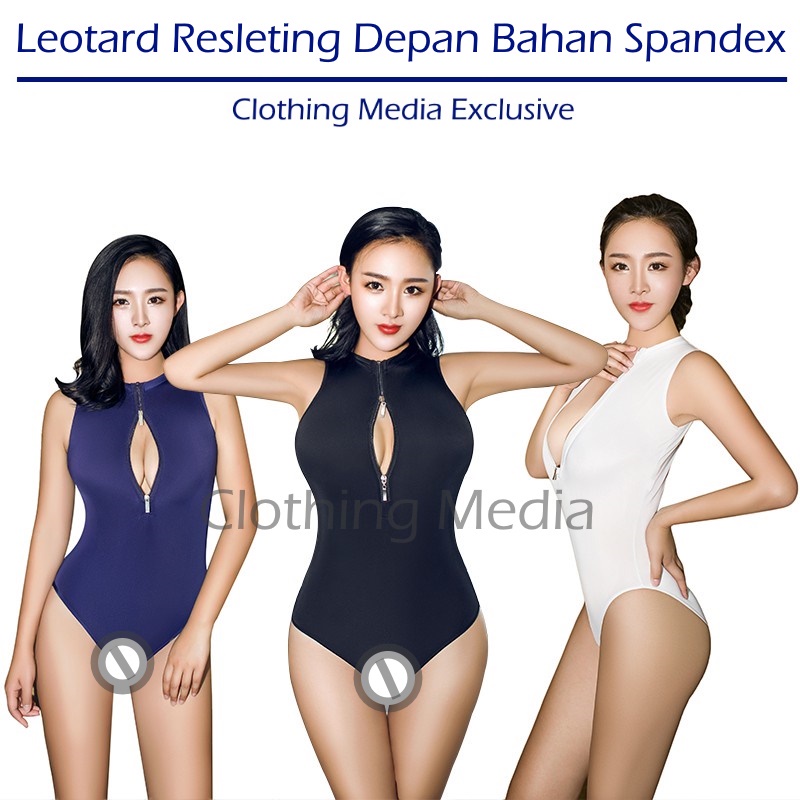 Baju Leotard Spandex Zipper Depan Silky Spandex Thong Bodysuit Jaring Exotic