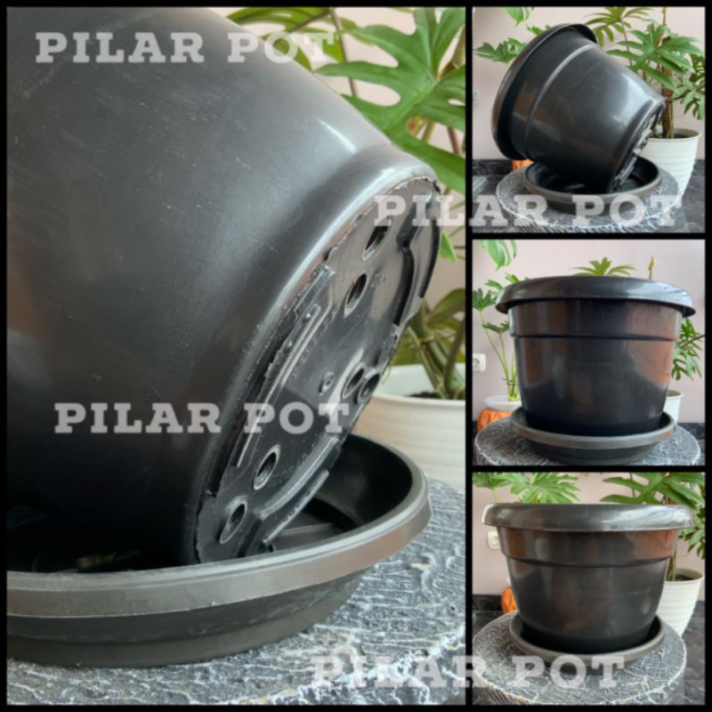 pot bunga tanaman plastik hitam tulip 25cm kuping + tatakan hitam