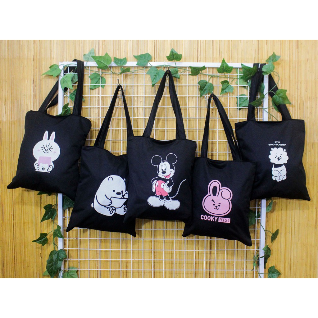 Totebag Kanvas Tebal Pakai Resleting Tas Tote Wanita Murah Gambar Sablon Tote Bag Cewek Motif Lucu