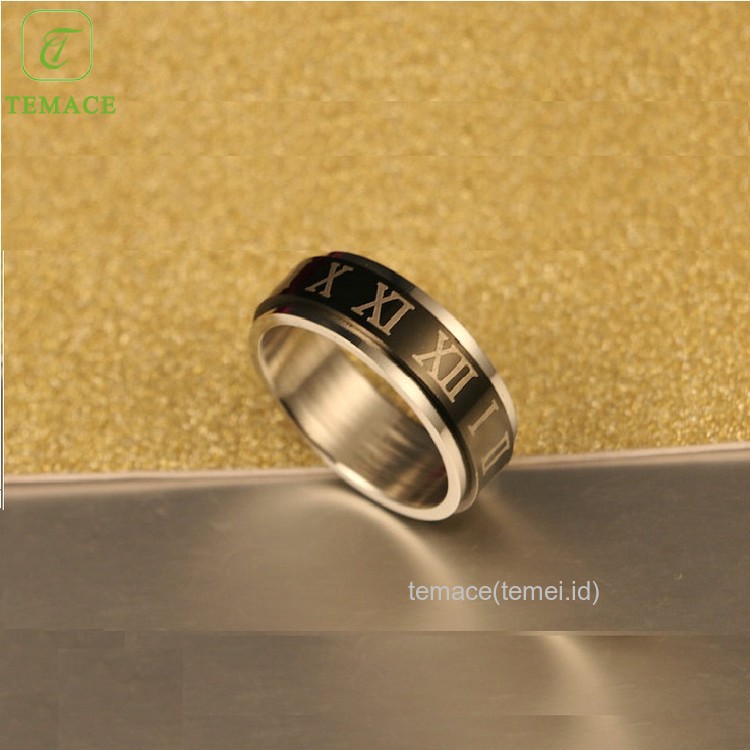 TEMACE Cincin Tauhid Angka Romawi Balik Cincin Lapis Rotatable Baja Perhiasan Laki-Laki Hitam 8MM