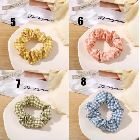 ♥TMALL88♥ Ikat Rambut H167 1PCS Motif Garis Kotak-Kotak Scrunchie Bunga Tali Aksesoris Karet Rambut