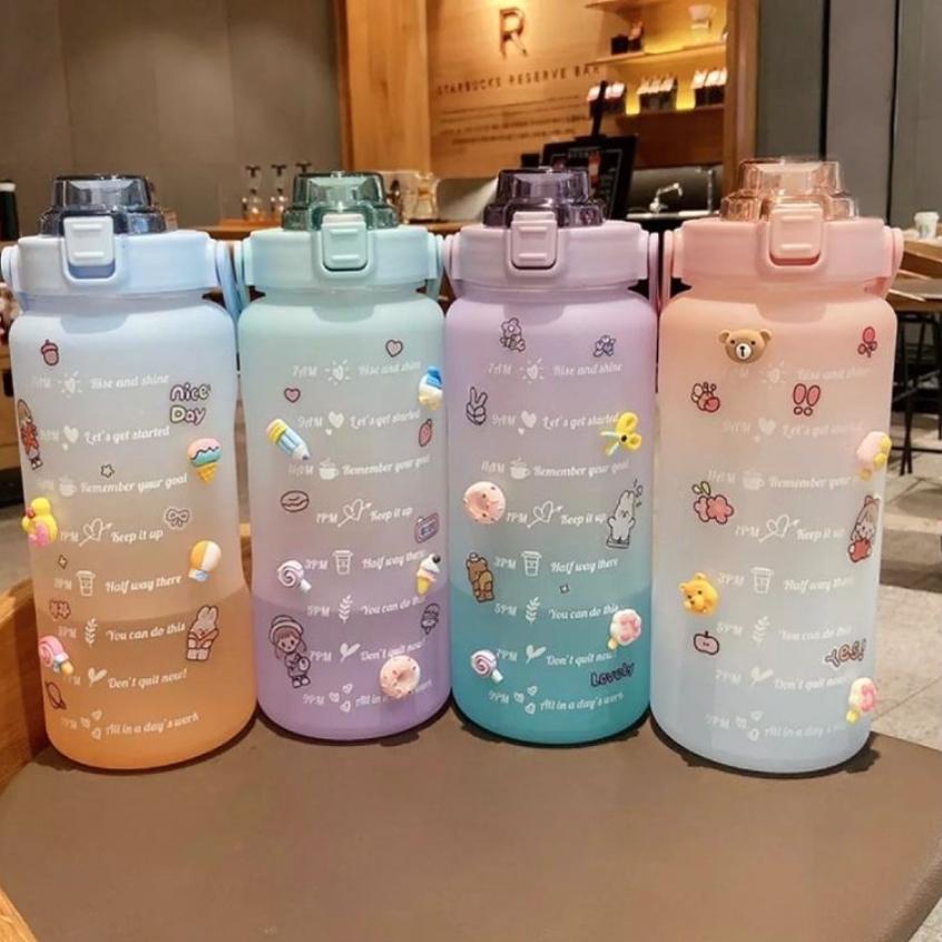 Botol Minum Gradasi ORIGINAL Jumbo Tritan Transparan Full Colour Olahraga Travel Motivasi Penanda Wa