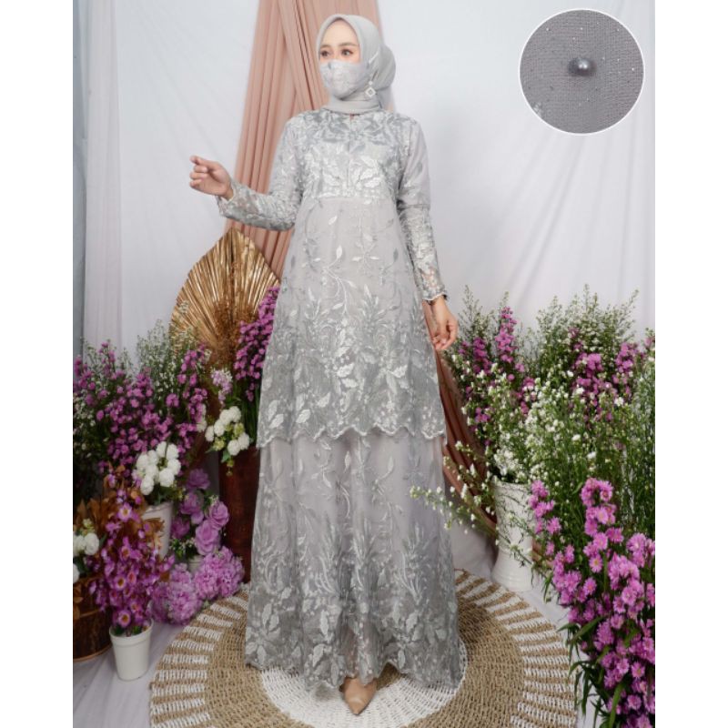 Set Gamis Terbaru Dress Putri Warna Silver/Hijau Wardah