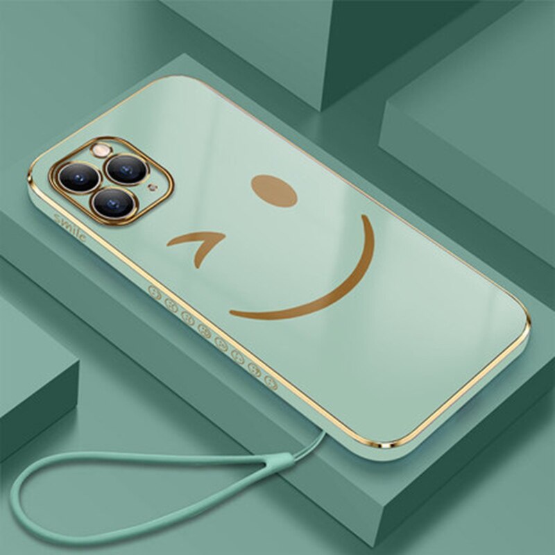Soft Case Pelindung Motif Wajah Tersenyum Dengan Tali Tangan Electroplating Untuk Iphone 13 12 11 Pro Max X Xs 7 8 Plus Xr