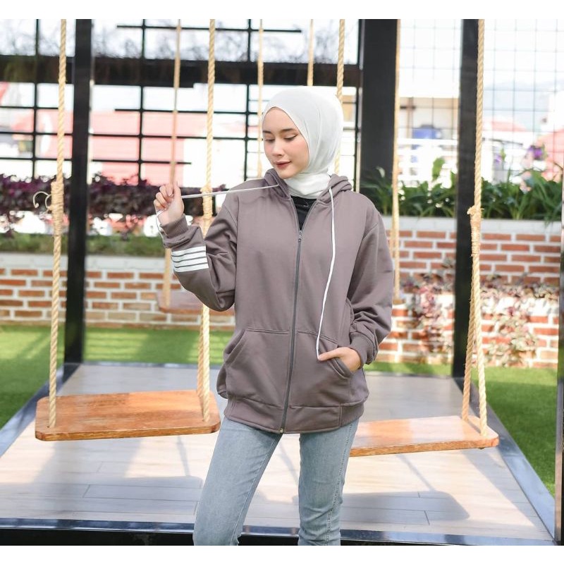 HOODIE ZIPER SWEATER WANITA - REGLAN SALUR HOODIE FLEECE TEBAL - HOODIE WANITA-Charcol salur