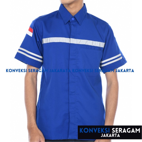Baju Kemeja Safety K3 Lengan Pendek - Seragam Kerja Atasan Wearpack Werpack Werpak Proyek Tambang Warna Biru Pria Wanita - Konveksi Seragam Jakarta