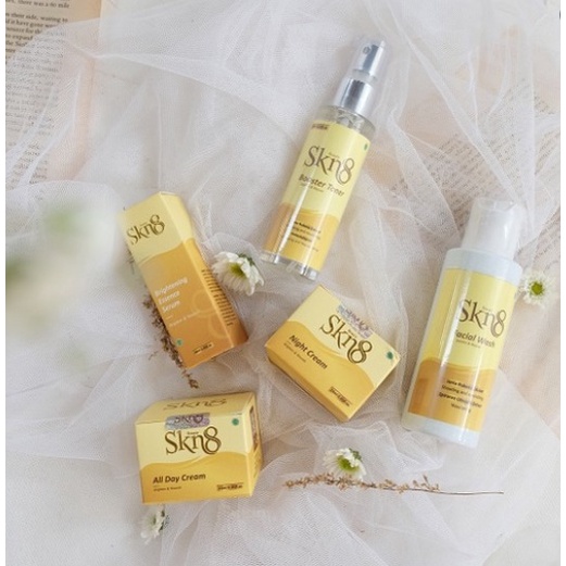 SKN8 Beauty 5 pcs + BONUS (Serum, Night Cream , Day Cream Facial Wash, Toner )+Watery Skin serum dan Creamy Skin Yogurt  / Paket Lengkap Kecantikan-1