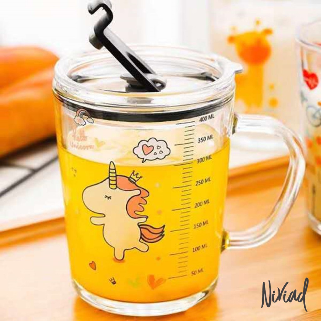 GELAS KACA 400ml DENGAN SKALA DAN TUTUP ANTI BOCOR +FREE SEDOTAN