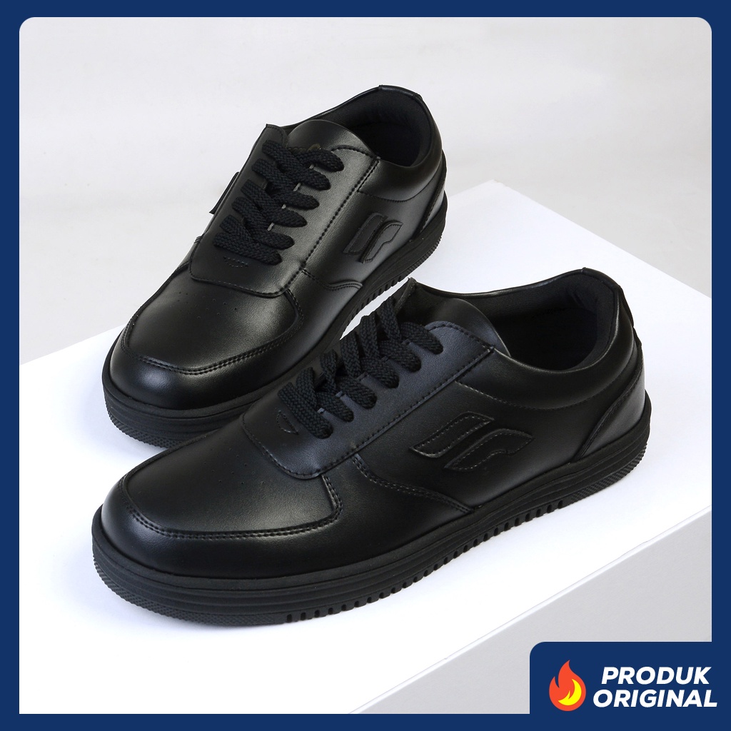 WAVE FULL BLACK ORIGINAL x FOOTSTEP Sepatu Sneakers Hitam Polos Pria Kets Tali Casual Jalan Santai Hangout Main Kondangan Sekolah Kuliah Distro Fashion Sport Shoes Semi Kulit Premium Skate Footwear Big Size Jumbo Ukuran Besar 44 Keren Terbaru Kekinian