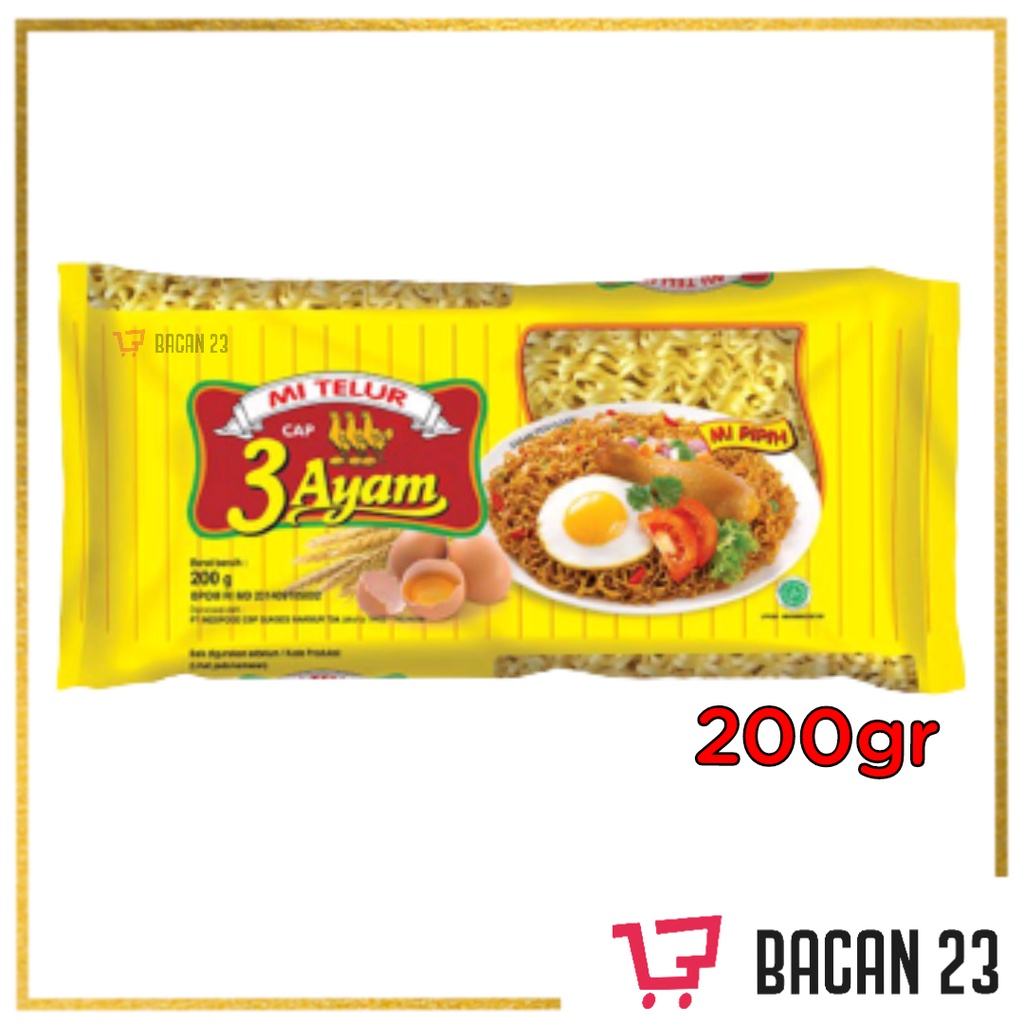 Mi Telur Cap 3 Ayam ( 200 gr ) / Mie Keriting / Bacan 23 - Bacan23