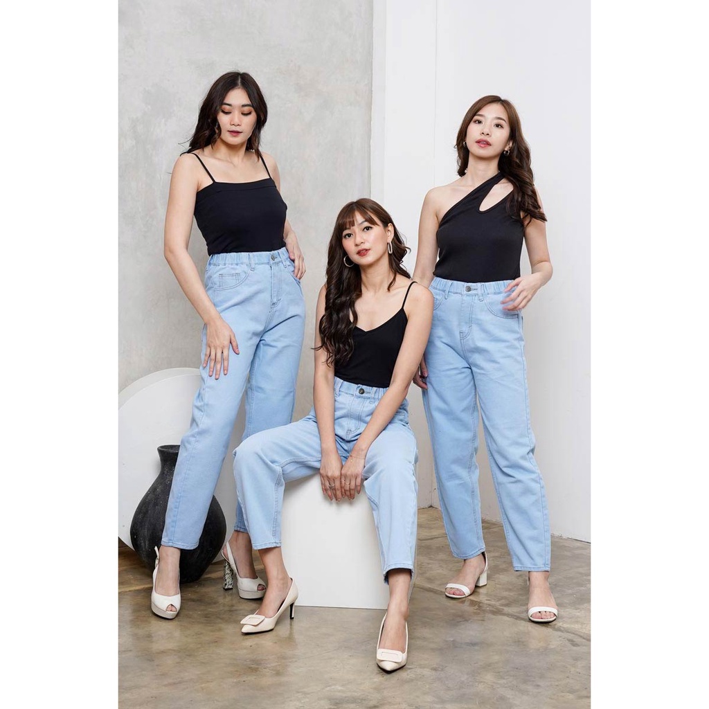 Mom Jeans - Celana Jeans wanita kulot | celana jins ootd terkini |celana jeans pinggang karet