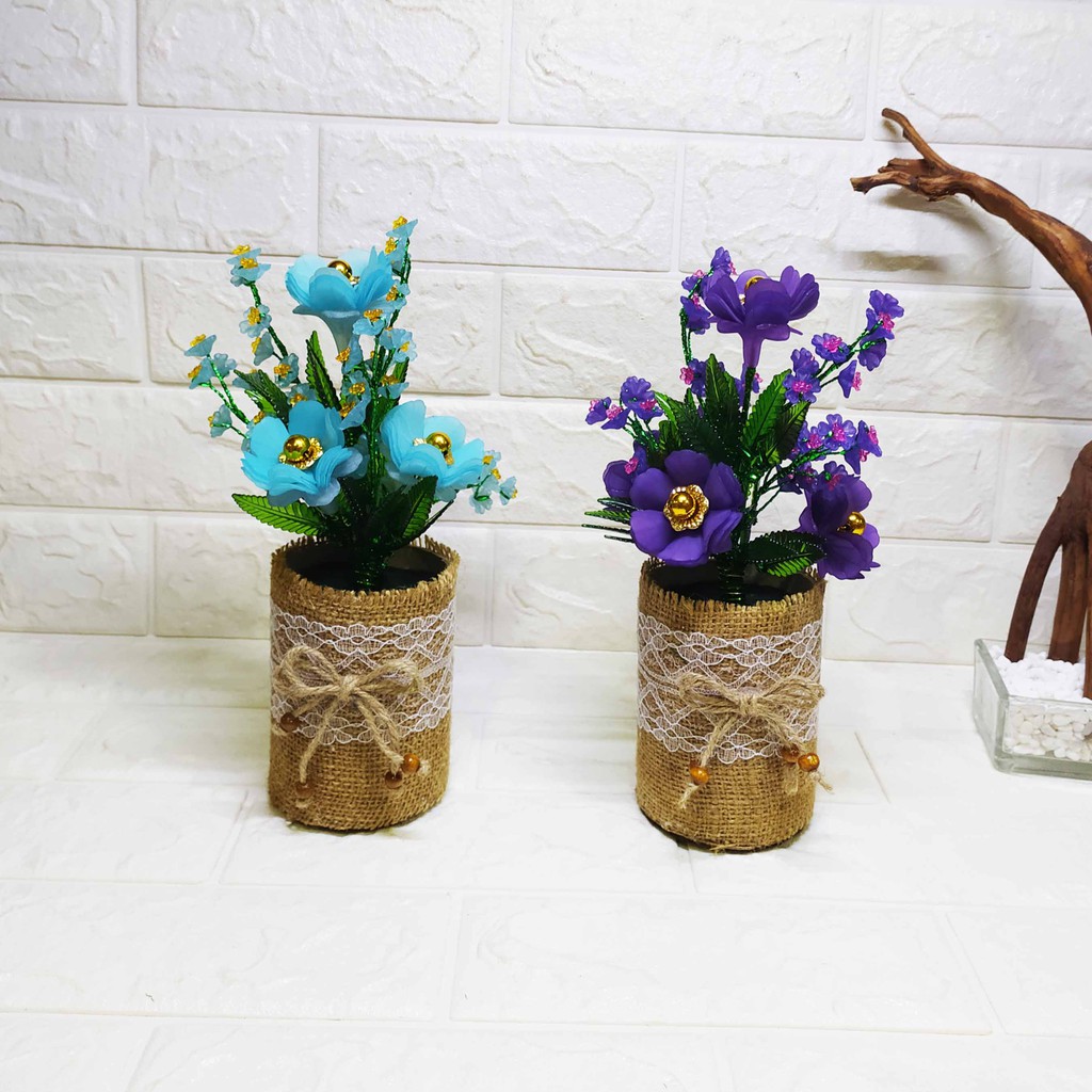 Pajangan Bunga Mawar Dahlia Pot Burlap - Pajangan Imitasi Cantik