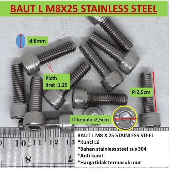 BAUT L M8X25mm / BAUT L M8X25mm STAINLESS STEEL SUS 304 / BAUT L M8X25mm STAINLESS / BAUT L STAINLES