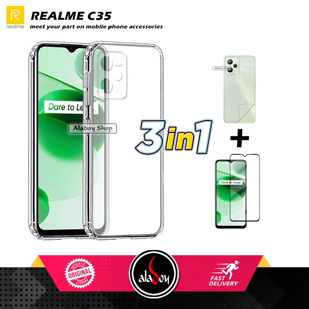 Casing Realme C35 New Case Ultrathin Premium  Softcase Clear HD + Tempered Glass Layar Full + Skin