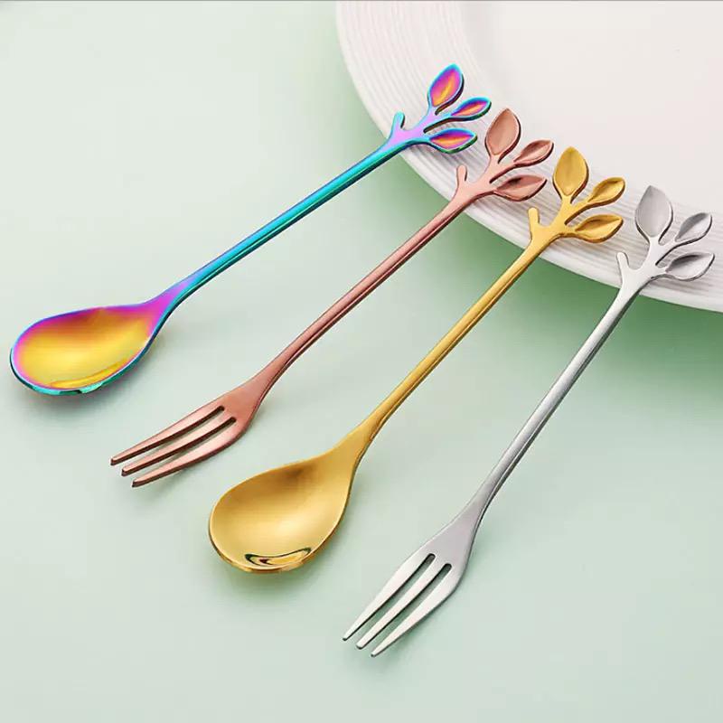 sendok garpu kecil motif daun / leaf coffee tea spoon fork stainless dessert / sendok garpu teh kopi kue buah