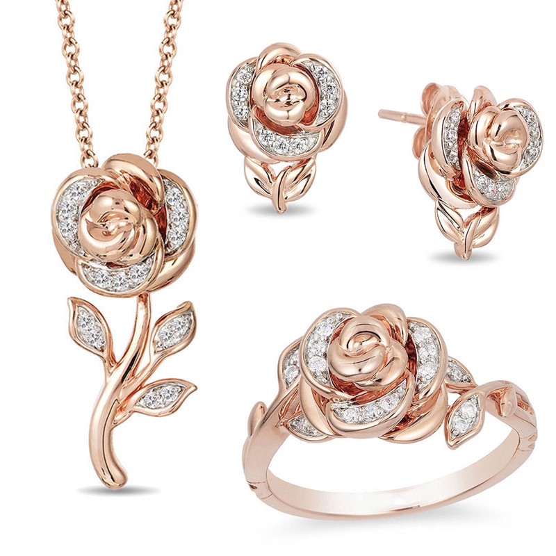 Gaya Baru ROSE Liontin Hadiah Hari Valentine Bunga Kalung Cincin Anting-Anting Set