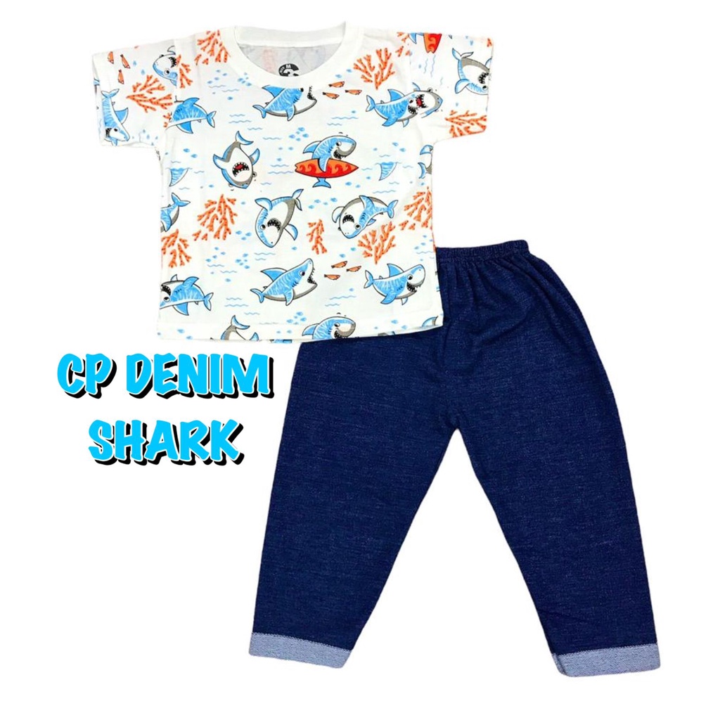 (1 KG MUAT 7 STEL) BAJU SETELAN CP DENIM FASHION OBLONG ANAK LAKI-LAKI/COWOK BAHAN KAOS KATUN SHARK/HIU