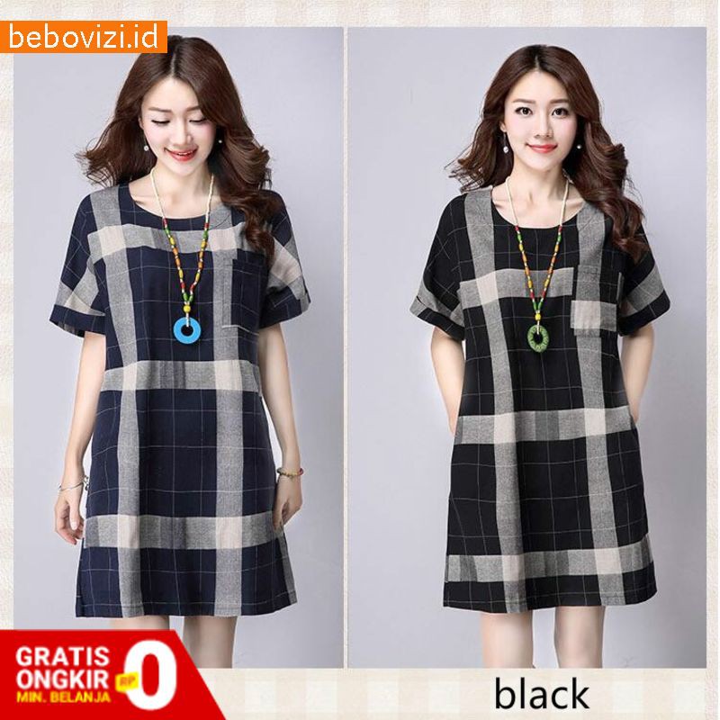 A-Line Dress Midi Lengan Pendek Bahan Katun Linen Gaya Korea Import