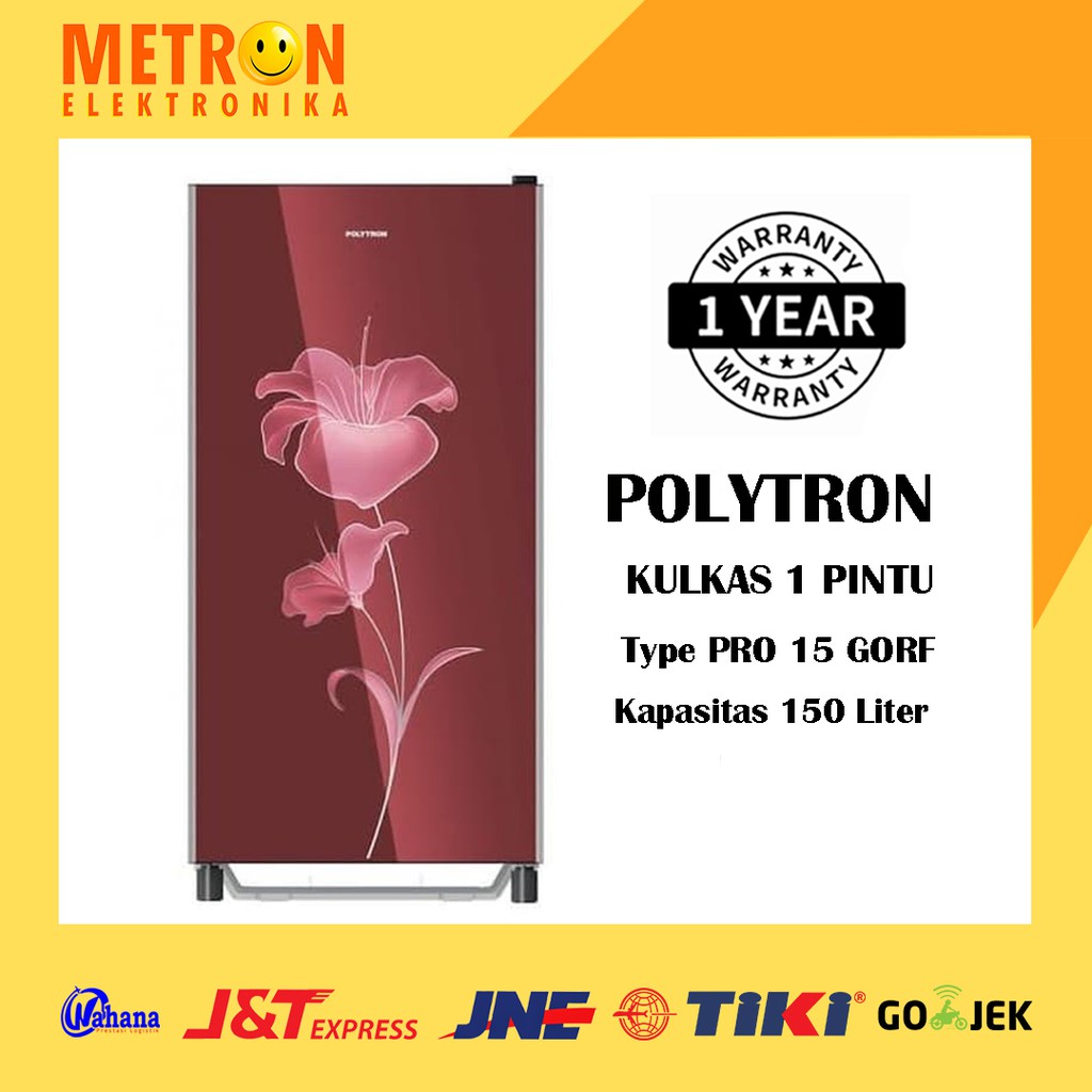 POLYTRON PRO 15 GORF RED KULKAS 1 PINTU 150 LT LITER TEMPERED GLASS PRO15GORF