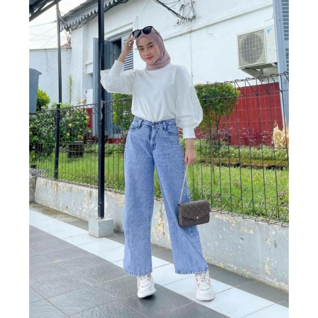 Celana kulot jeans wanita putih jins denim highwaist murah cewek cewe culote Lepis cutbray levis RWS-Kulotkolor SNOW BLUE
