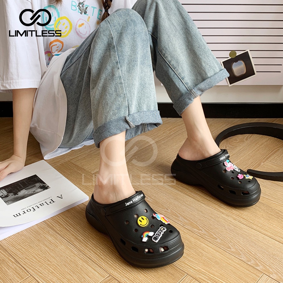 Sandal Platform Wanita Terbaru Sandal Fuji Model Bakpao Karet Tinggi Jibbitz Lucu Slip On Sendal Croccss