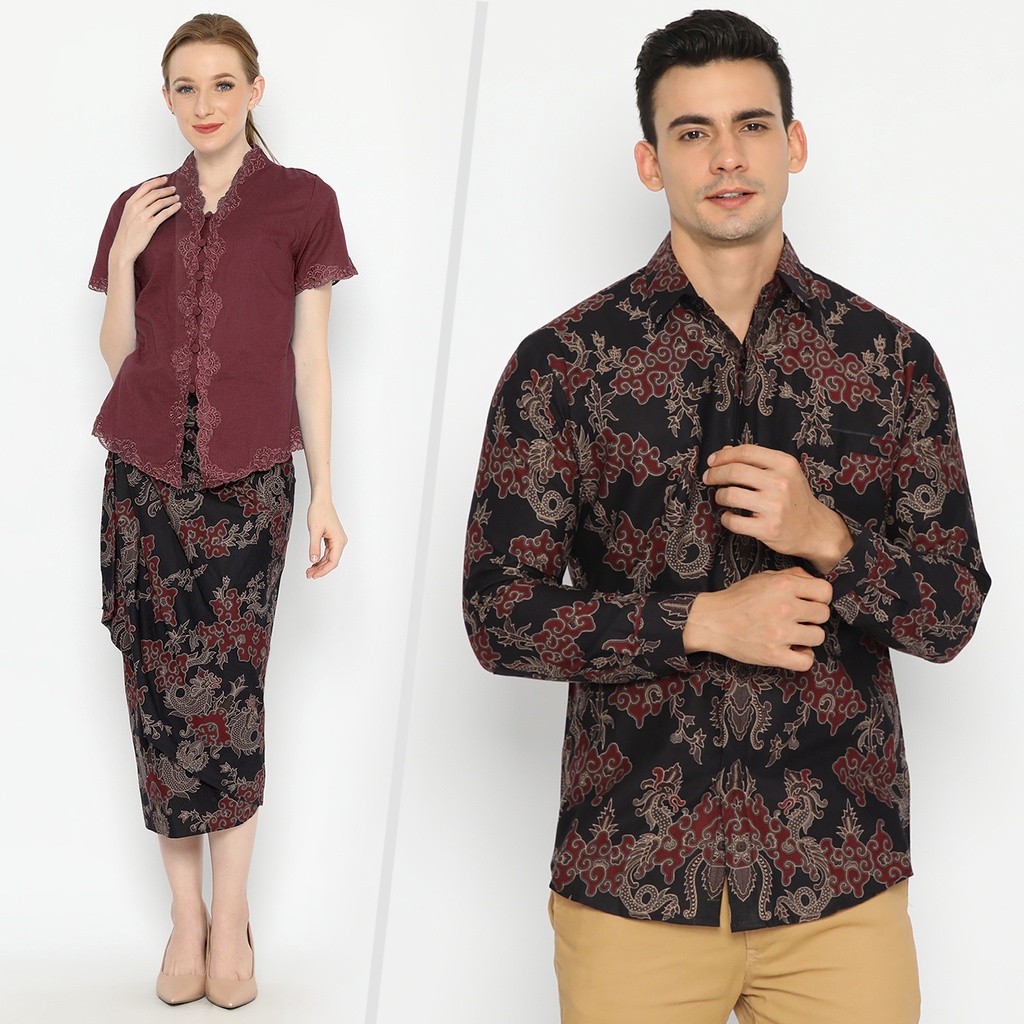 BATIK COUPLE MODERN  Kemeja Rok Lilit Instan Pria Lengan Panjang Slimfit Premium Elegant Hitam Merah 725360 Cap 72 - Baju Kemeja Atasan Pakaian Batik Couple Cople Pria Cowok Laki Laki Remaja Keluarga Lengan Panjang Modern Slimfit Premium Kekinian