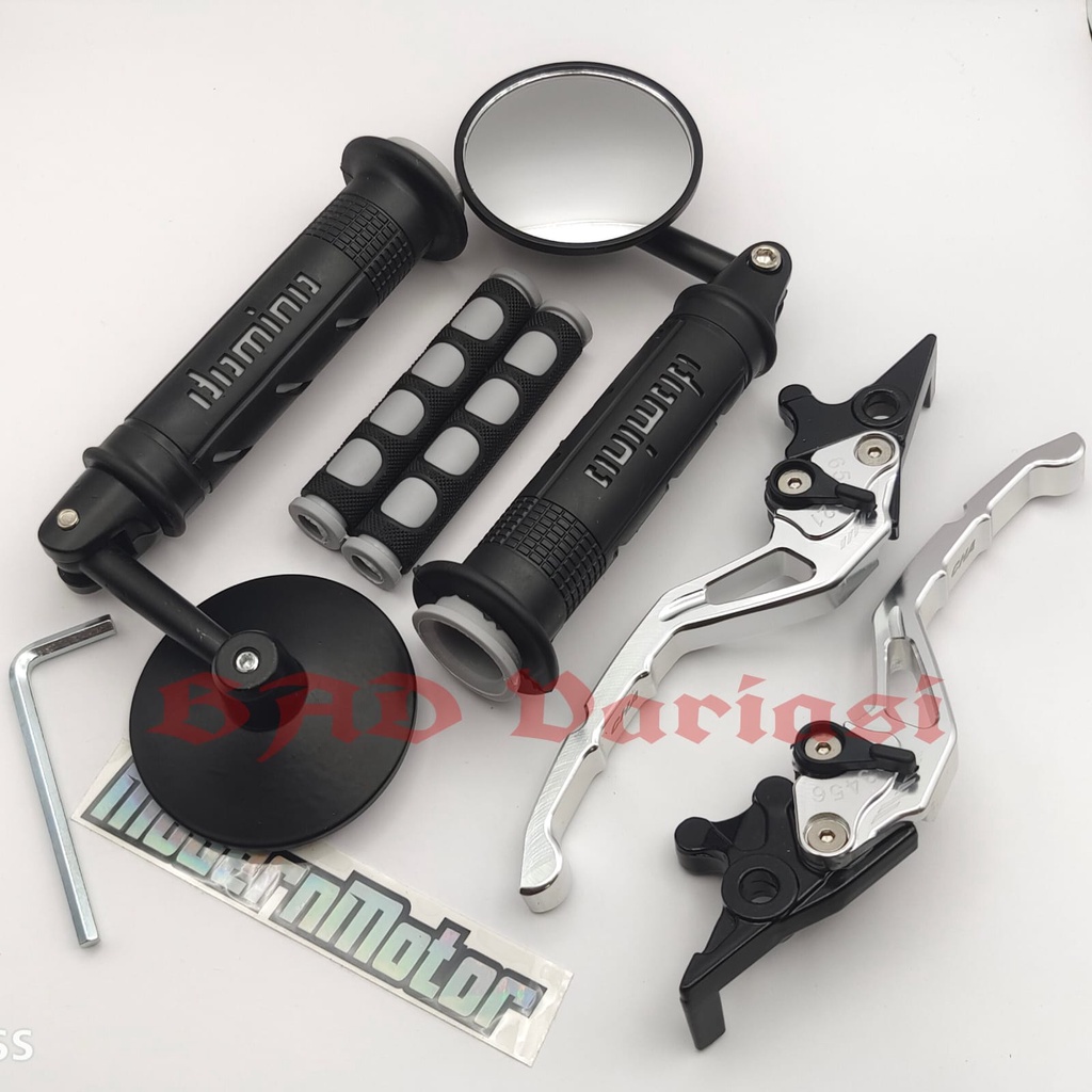 (PAKET MURAH) 4in1Spion Jalu Cembung+Handgrip Domino+Handle Variasi CNC+Karet handleD-Tracker KLX CRF 150 Ninja 250 Ninja R Ninja RR  DTracker CBR 150 Mx-king Vario 160