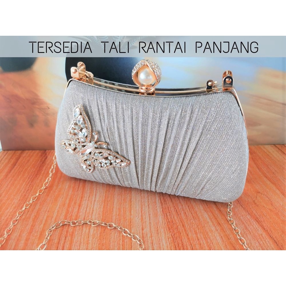 Tas Pesta Import Kondangan Wanita Kristal Glitter Mewah Murah Kupu Kupu Kain Swarovski 7088210-11