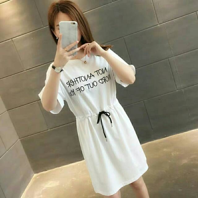 Wze dress tali pinggang serut pink dan putih