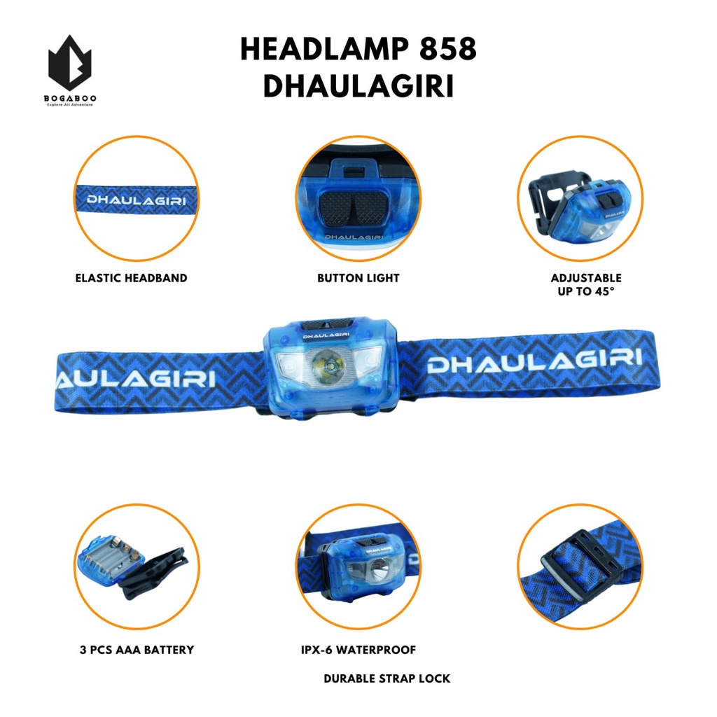 Headlamp Dhaulagiri 858 - Senter Kepala  - Senter Kepala Led - Senter Led Terang - Lampu Hiking