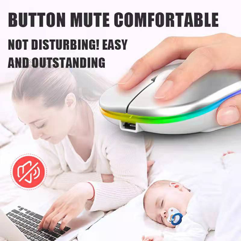 Mouse Wireless Simple Ultra Slim Rechargeable Silent Click DPI With RGB Led Light Untuk Macbook Ipad Windows IOS Android (2.4 Ghz &amp; Bluetooth)