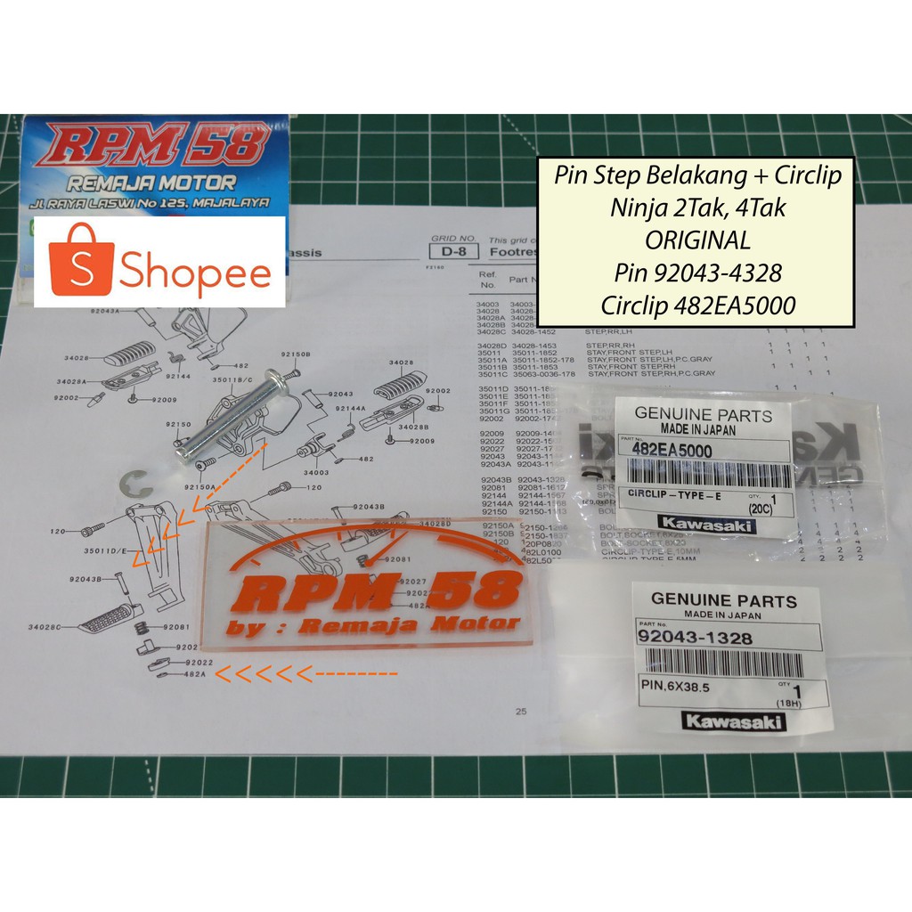 Pin Step belakang Ninja + circlip kawasaki ori 92043-1328 + 482EA5000