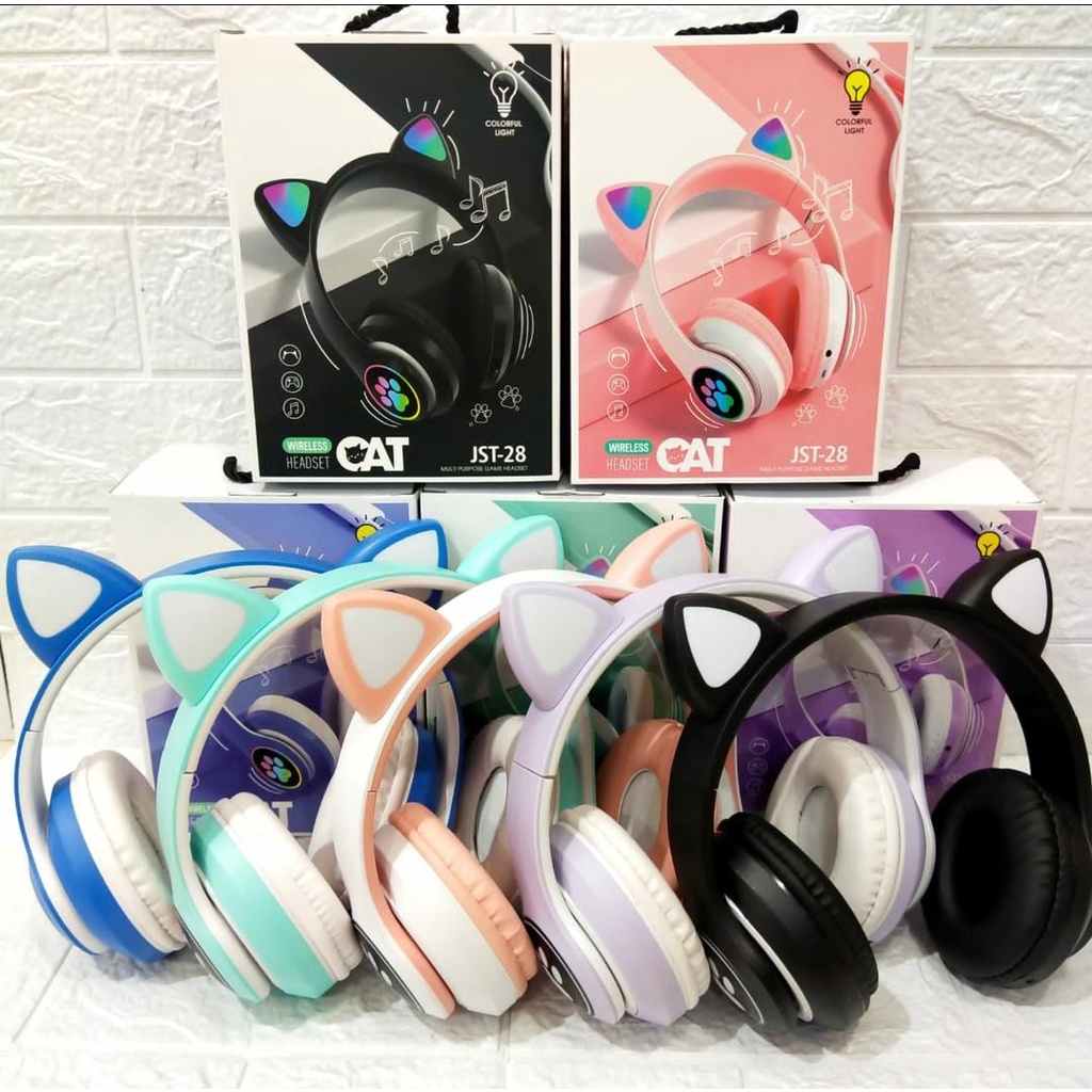 Headset Include Mic Motif Kuping Kucing Bando Model Telinga Cat Ear Headphone / Headphone Bluetooth LED On-Ear Bass