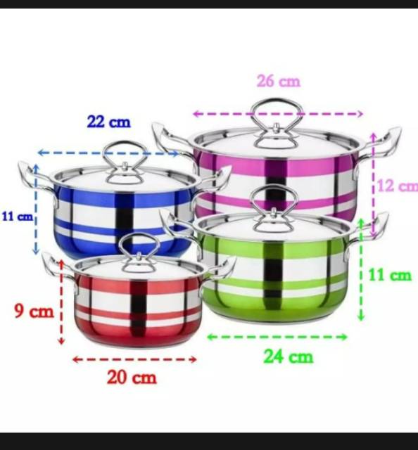 Panci Set Stainless Warna Pelangi Tutup Stainless 4 panci dan 4 tutup stainless